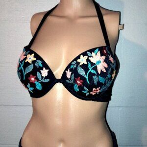 Shade & Shore 34 C Bikini Top Black Embroidered Flowers Boho Summer Swimwear